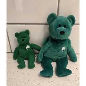 Ty Erin Beanie Baby & Teenie Beanie Set Green Excellent St Patricks Day Shamrock